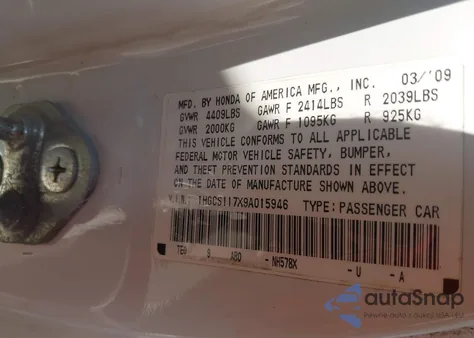 2009 Honda Accord 2.4 Ex из США, поврежденный, VIN 1HGCS117X9A015946